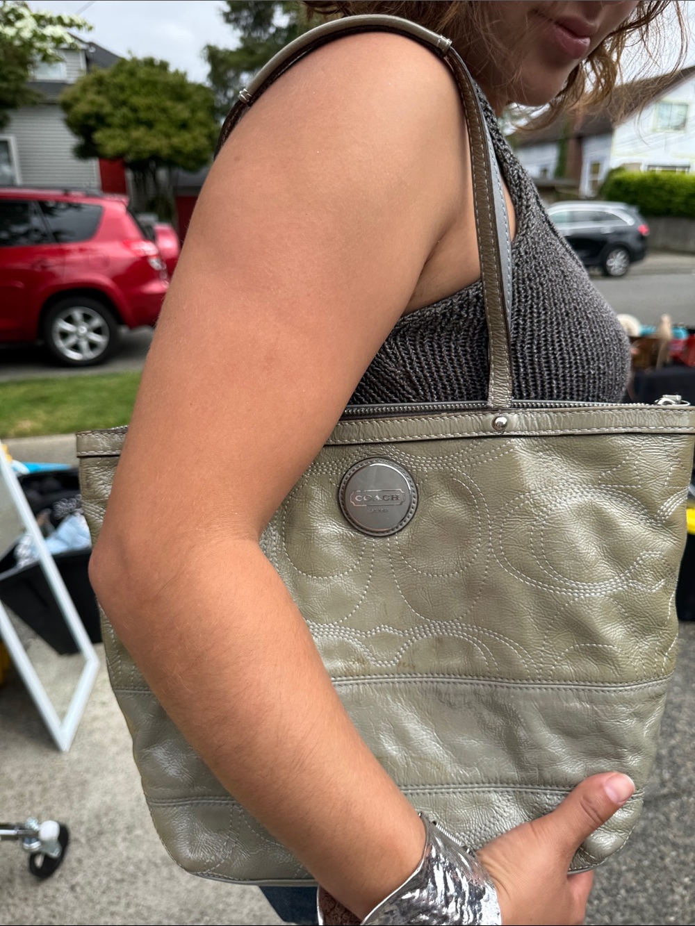Coach Olive Green Leather Logo Tote Shoulder Bag